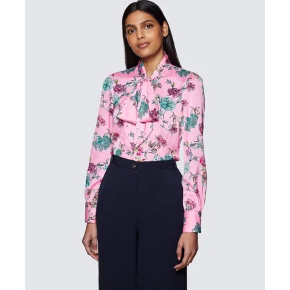Hawes & Curtis Women's Pink Floral Print Satin Bow Fitted Blouse Sz 18